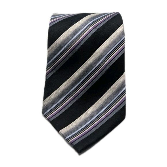 Geoffrey Beene 100% Silk Necktie Black Gray Purple Diagonal Striped Men’s Tie - Picture 1 of 5